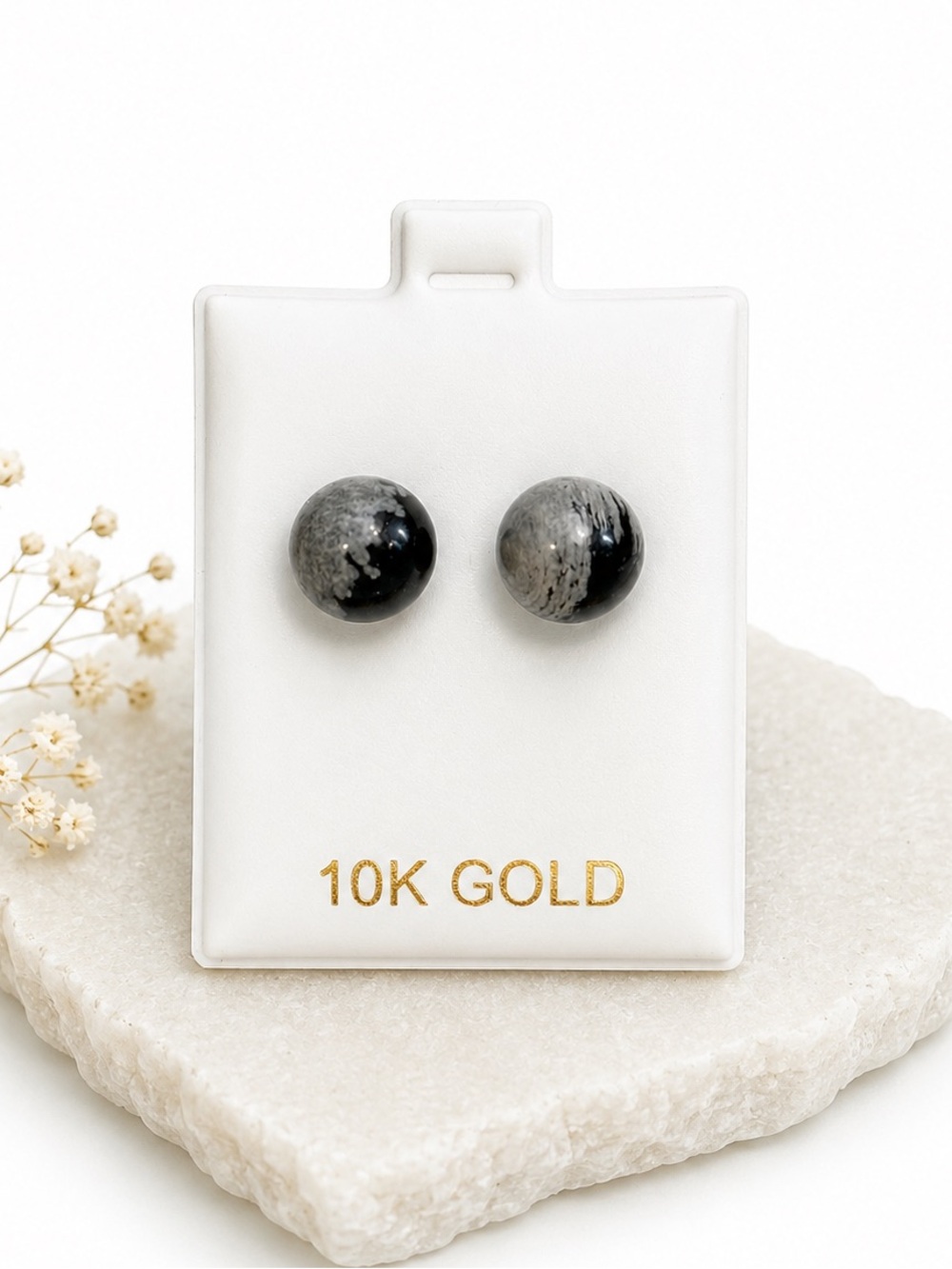 10K Gold Snowflake Obsidian Ball Stud Earrings NWT
